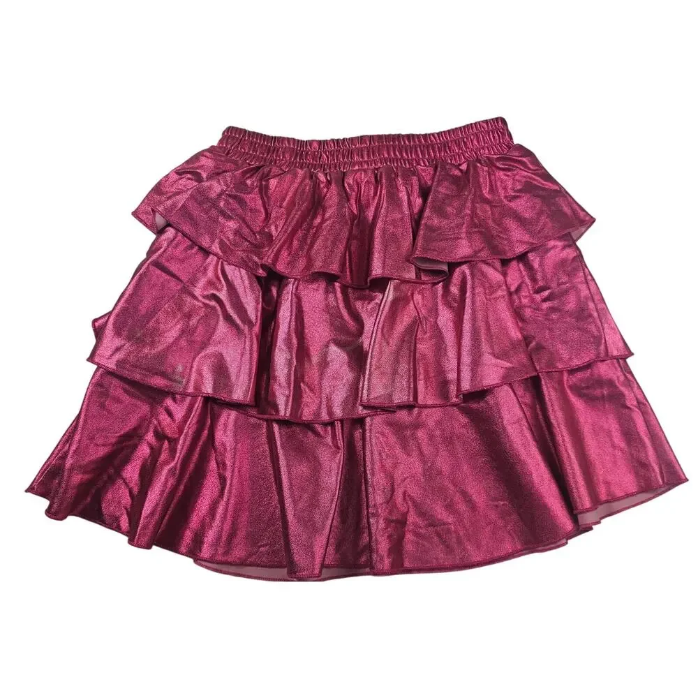 Grace Karin 12 years old hot pink shiny metallic bling teired layered skirt #